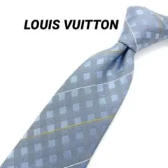 美品 ルイヴィトン シルク ネクタイ 水色 チェック柄 ストライプ ロゴ