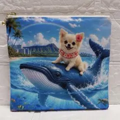 フラットポーチ　ハンドメイド　犬柄　クジラとチワワちゃん　両面パネル生地