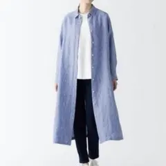 美品無印リネン洗いざらしシャツワンピースストライプ