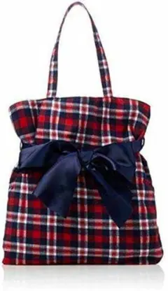 [ジュジュリエ] リボン付きチェックトート バック赤チェック 通学 通勤 可愛い