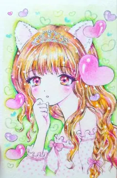 オリジナルイラスト 手描き アナログ 原画 猫耳 女の子 色紙 - メルカリ