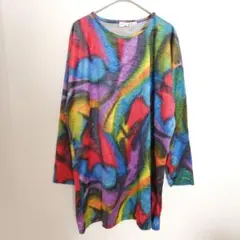 総柄トップス　チュニック　ベルベット調　ベロア　L　XL　レインボー　個性的