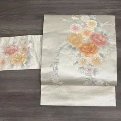 名古屋帯 友禅染 相良刺繍 西陣織 オフホワイト牡丹 菊so730のサムネイル