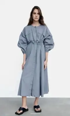 ZARA ゴムウエストミディ丈ワンピース ブルーグレー