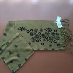 【新品未使用】花柄フリンジ付きストール 　からし色 縦約190cm 横約50cm