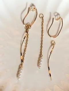 ウェーブスティック＆パール付きロングチェーン◇両耳◇イヤーカフ◇イヤリング