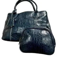 クロコ型押し トートバッグ ハンドバッグ ポーチ ネイビー PVCレザー