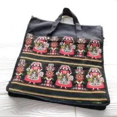 トートバッグ　レトロ　チロル柄　黒色　レッスンバッグ　エコバッグ