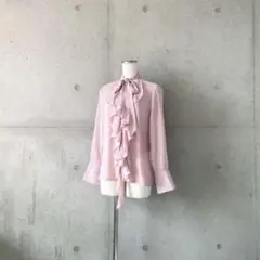 訳あり新品タグ付きフロントフリルVネックボウタイブラウスピンク