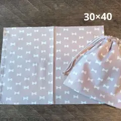 給食セット 巾着&ランチョンマット リボン＊くすみブルー＊両紐5