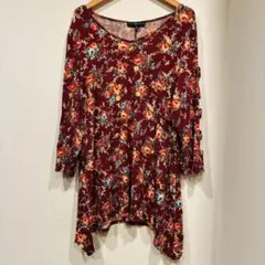 FRED DAVID 花柄 チュニック 2X 大きいサイズ ボルドー 七分袖