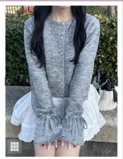 グレー クロップドカーディガン リボン付き