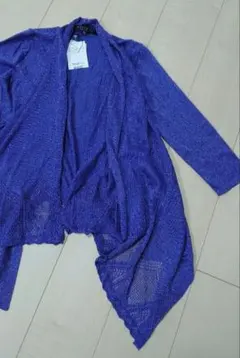 七分袖　ラメパープル 裾レース透かし編み　紫カーディガン