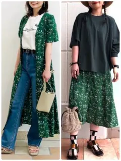 美品　ユニクロ　UNIQLO プリントVネックフレアワンピース小花柄　グリーン