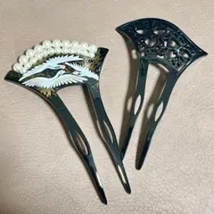 2点セットC 簪 かんざし 髪飾り パール バチ型 鶴 和装小物 結婚式 留袖