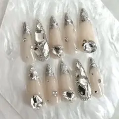 ネイルチップ　ワンホン　スナ系　ギャル　ロング　ガラスフレンチ