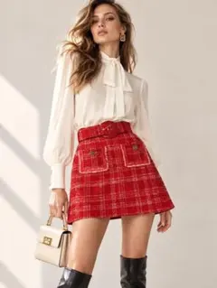 ELISABETTA FRANCHI ツイード ミニスカート レッド ベルト付