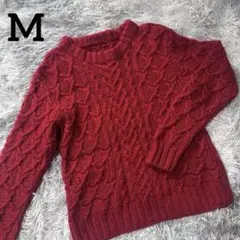 赤 ケーブル編み 長袖セーター/Mサイズ相当