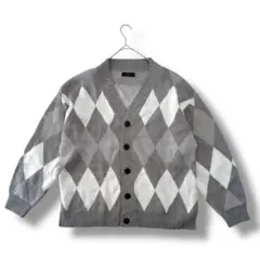 Cathy's closet カーディガン Lサイズ　ダイヤモンド柄　グレー　白