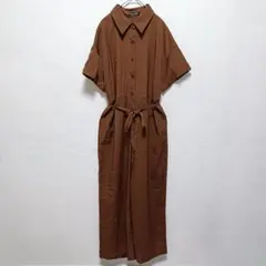 ❤美品 シーイン 無地オールインワン 開襟半袖ワイド M 茶 ポリエステルのサムネイル