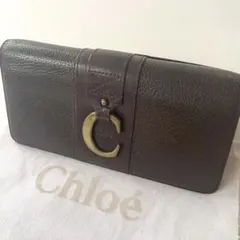 美品】Chloe 長財布 折り財布 レザー 黒 Cチャーム ゴールド金具
