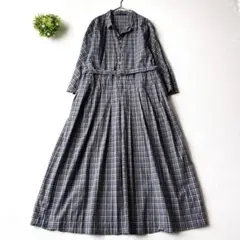 45R/リネン✖️コットン　ギンガムチェックワンピース ブルーホワイト 45R/リネン✖️コットン ギンガムチェックワンピース ブルーホワイト