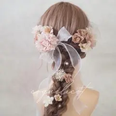 アーティフィシャルフラワー ヘッドドレス 髪飾りくすみピンク／成人式 結婚式③