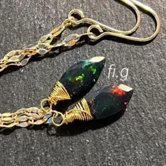 14kgf ブラックオパール　　ロングチェーン　ピアス　イヤリング　天然石