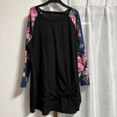 ブラック フラワー柄 長袖 Tシャツ カットソー デザインカットソー
