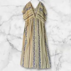 ✨美品✨薄い黄色　花柄 ストライプ 半袖 ロングワンピース M