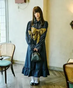 クティールとレトロ　チェックリボンビスチェセットフリル襟ワンピース　¥6,995