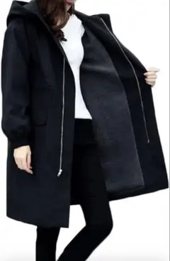 コート 2XL 黒 ロングコート レディース 大きいサイズ 裏ボア フード付き