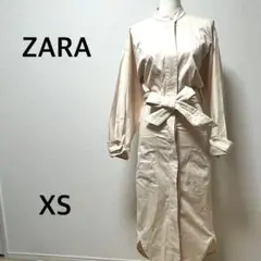 ザラ　トレンチコート　ロング　ノーカラー　リボンベルト　ベージュ　綿　比翼　XS
