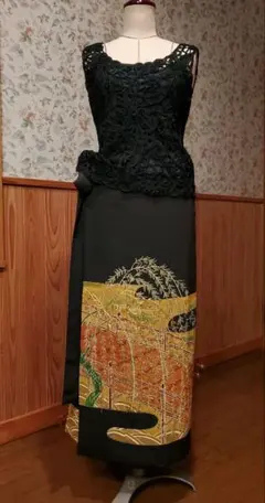 着物 留袖 仮絵羽 リメイク ロングワンピース 帯ベルトリボン セット