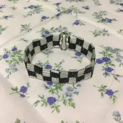 ビーズブレスレット 黒＆銀引き市松［175］