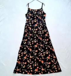 新品タグ付 花柄ロングキャミワンピース ベロア調 黒 L レトロ 上品