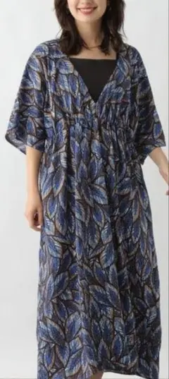 【美品】レプシィム　葉柄ネイビー系ロングワンピース