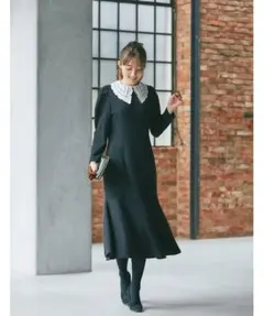 トッコクローゼット 襟付きマーメイドラインニットソーワンピース 黒