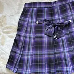 紫系 チェック プリーツスカートとリボン　セット