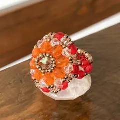 14ー16号　ビーズ リング 指輪 ハンドメイド　オレンジと赤のドーム型リング