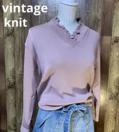 vintage ピンクベージュ フレア  Vネック クラシカル