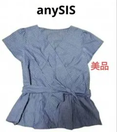 any SIS ストライプ柄 カシュクール 半袖ブラウス ウエストリボン Mのサムネイル
