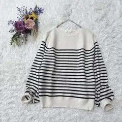 美品＊grove　長袖ニットセーター　パフスリーブ　ストライプ　アイボリー黒　M