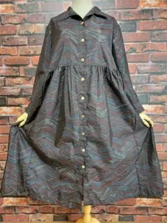 め0131着物リメイク正絹大島紬前開き切替えギャザーコートワンピースハンドメイド