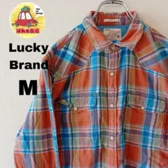 USA古着 LuckyBrand ネルシャツ　M オレンジ　ブルー　チェックのサムネイル