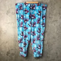 Y5912古着　柄パンツ　パジャマパンツ　青　スティッチ　ディズニー