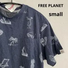 新品　FREE PLANET ネイビー ビーチプリント Tシャツ 半袖 スモール