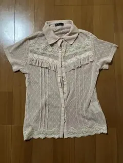 シアートップス　透け感レース　涼しげ可愛いピンクシャツ