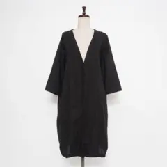 ミズイロインド リネン混 Vネックシャツワンピース ガウン 黒 F*KD817
