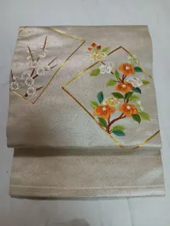 名古屋帯 花柄刺繍 金色